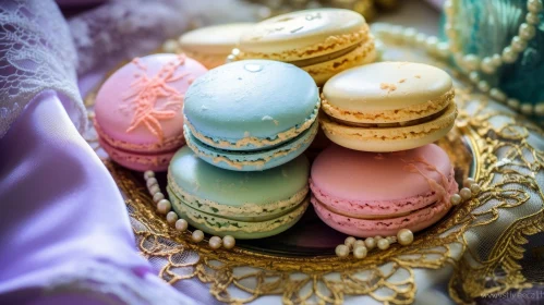 Multicolored Macarons on Golden Plate - Exquisite Dessert Display