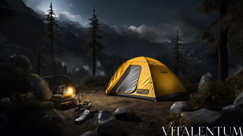 Night Campsite in Forest with Yellow Tent and Mountains AI Image