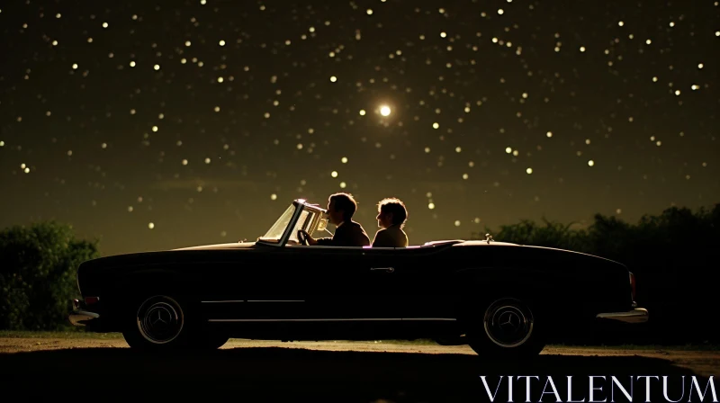 Nighttime Scene with Black Convertible Car and Men under Starry Sky AI Image