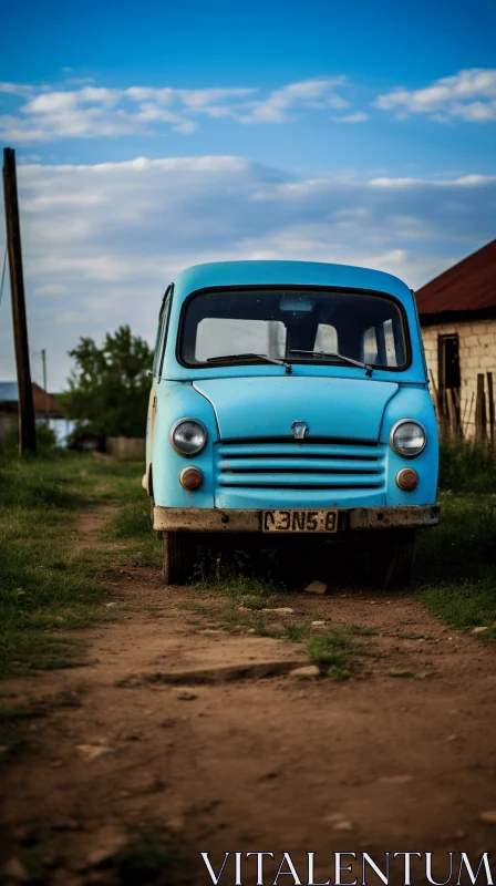 Romanticized Nostalgia: Blue Van on a Dirt Road in the French Countryside AI Image