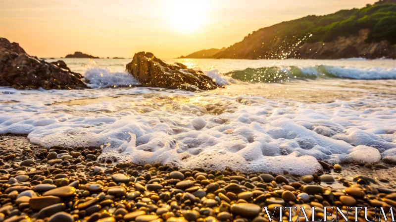 Serene Rocky Beach at Sunset | Tranquil Waves and Golden Glow AI Image