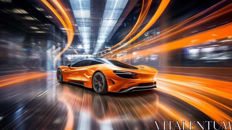 Speeding Orange Sports Car in Tunnel AI Image