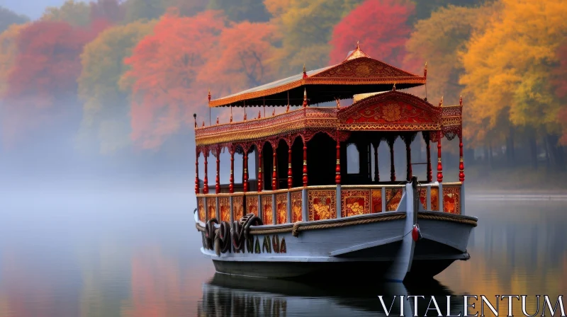 Tranquil Autumn Lake Scene with Red and Gold Boat AI Image