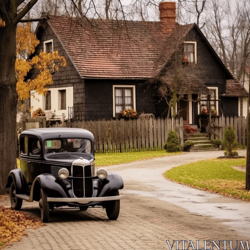 Vintage Car Parked in Front of an Old Brick House | Nostalgic Country Life AI Image