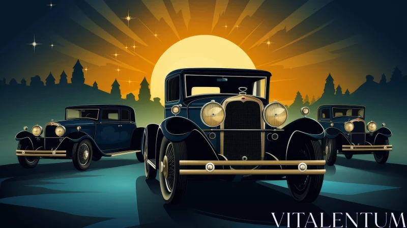 Vintage Cars Sunset Illustration AI Image