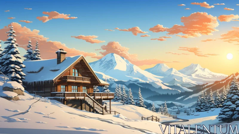 Winter Forest Landscape with Wooden House and Mountain AI Image