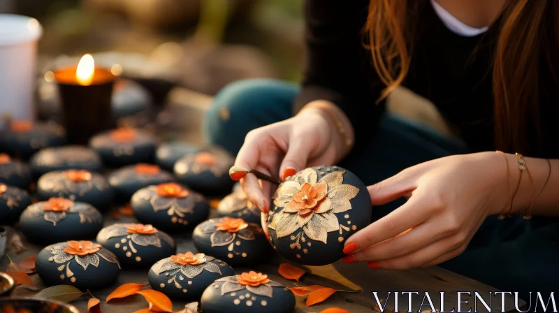 Woman's Hands Holding Black Stone with Floral Design AI Image