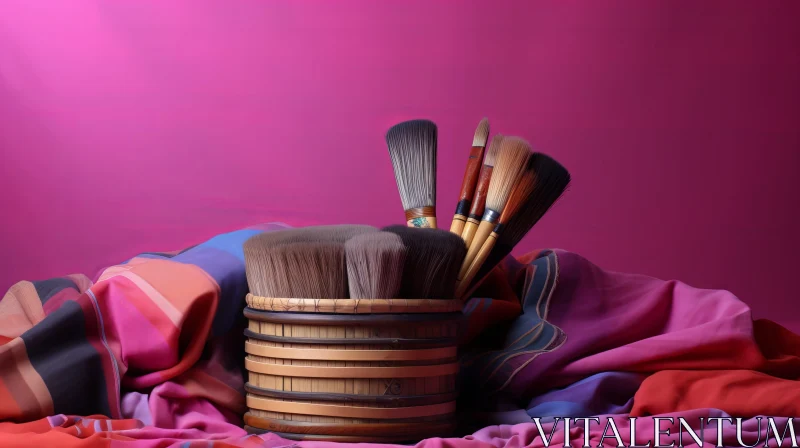 Wooden Barrel Still Life with Paintbrushes AI Image
