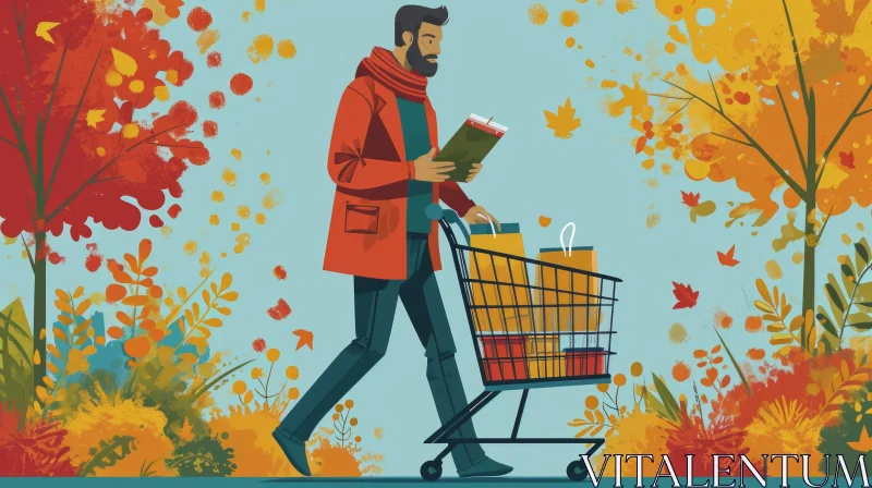 Captivating Autumn Scene: Man Pushing Shopping Cart in Park AI Image