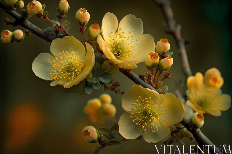 Captivating Yellow Flower Branch: Delicate Beauty in Luminescent Colors AI Image