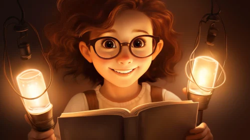 Charming Girl Reading a Book - Cartoon Illustration