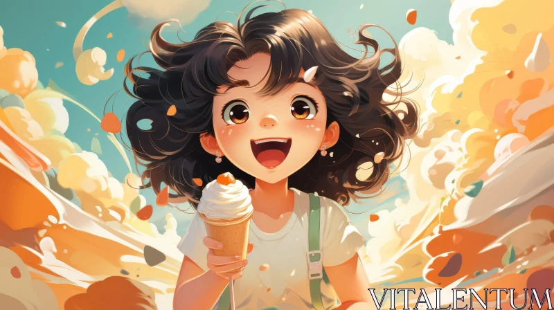 Cheerful Young Girl Cartoon with Ice Cream Cone AI Image