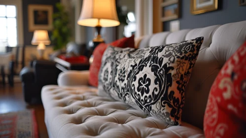 Close-Up of White Couch with Black and White Patterned Pillow and Red Pillow in Living Room