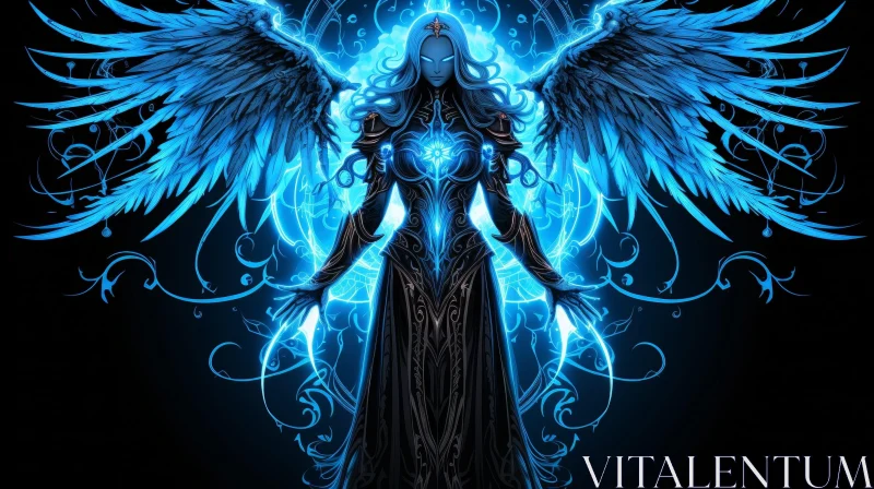 Dark Fantasy Woman with Blue Hair and Wings AI Image