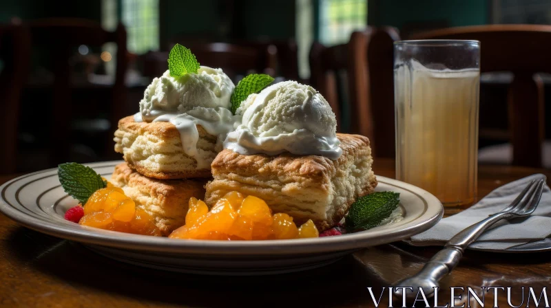 Delicious Biscuits and Peaches with Vanilla Ice Cream AI Image