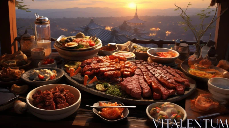Delicious Korean BBQ Spread with City View AI Image