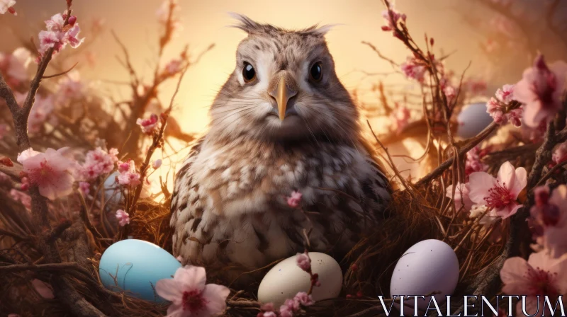 Easter Owl Nestled in Spring Cherry Blossoms AI Image