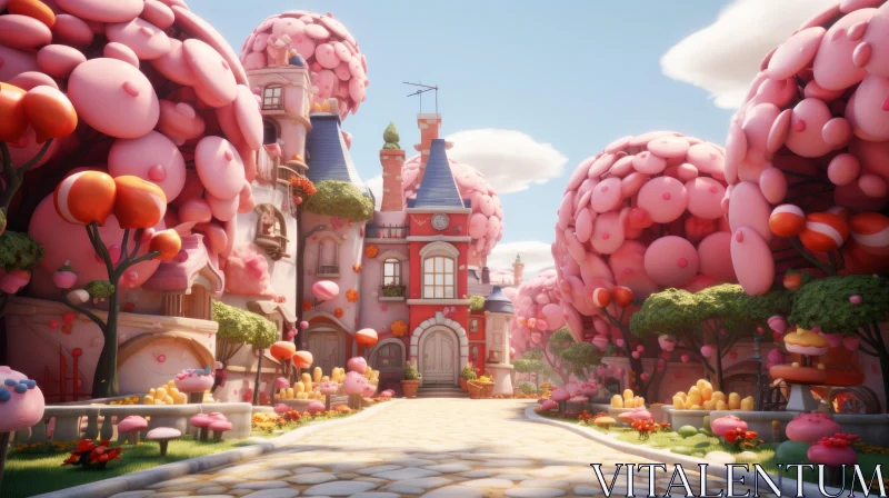 Fantasy Pink Castle Surrounded by Balloons and Trees AI Image