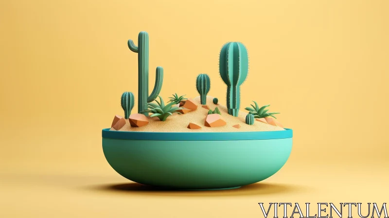 AI ART Green Bowl with Sand and Cacti - 3D Illustration