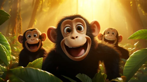 Joyful Chimpanzees in Lush Jungle - 3D Rendering