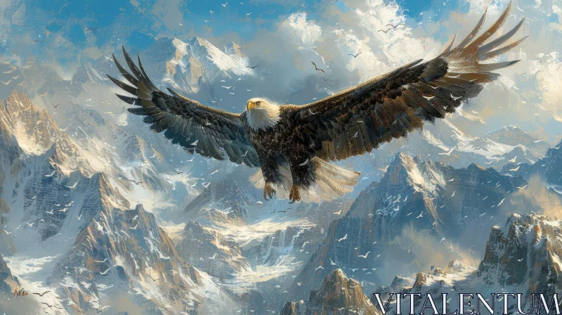 Majestic Eagle Flying Over Snow-Capped Mountains AI Image