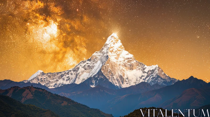 AI ART Majestic Snow-Capped Mountain Peak Night Sky Photo