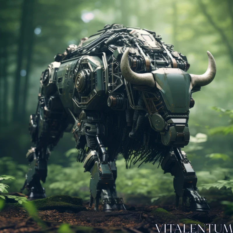 Mechanical Bovine Amidst Lush Forest - A Steelpunk Rendering AI Image