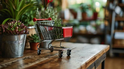Miniature Metal Shopping Cart with Green Plant - Captivating Still Life