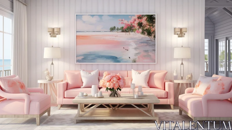 AI ART Modern Beach-Themed Living Room with Pink Sofa and Ocean View