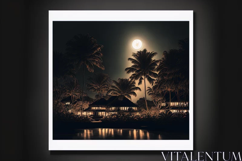 Moonlit Palm Trees and Houses: Serene Night Artwork AI Image