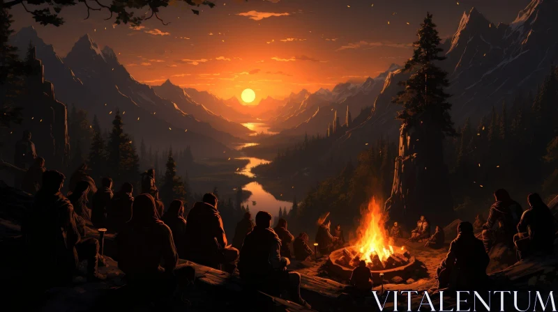 Mountain Valley Sunset Campfire Scene AI Image