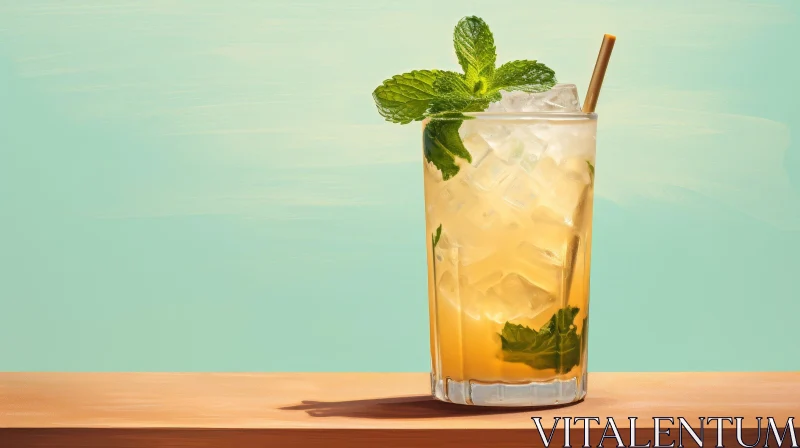 AI ART Refreshing Light-Yellow Cocktail with Mint Sprig on Wooden Table