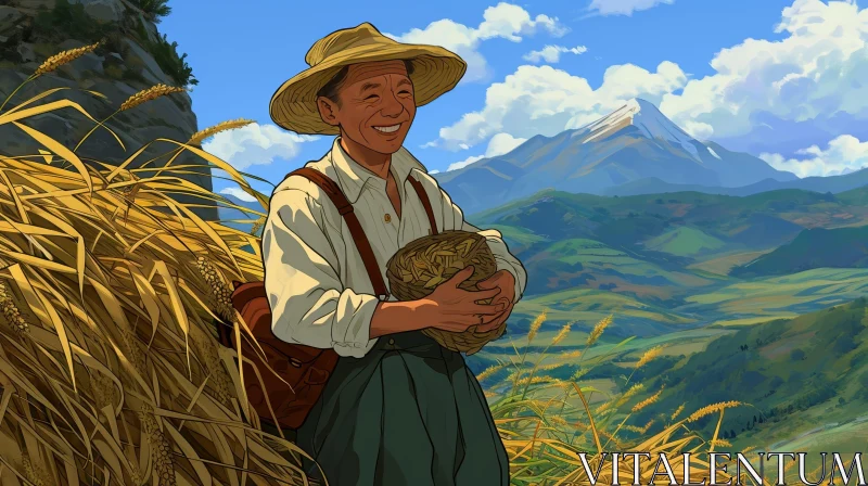 Serene Farmer in Wheat Field with Mountain Background AI Image