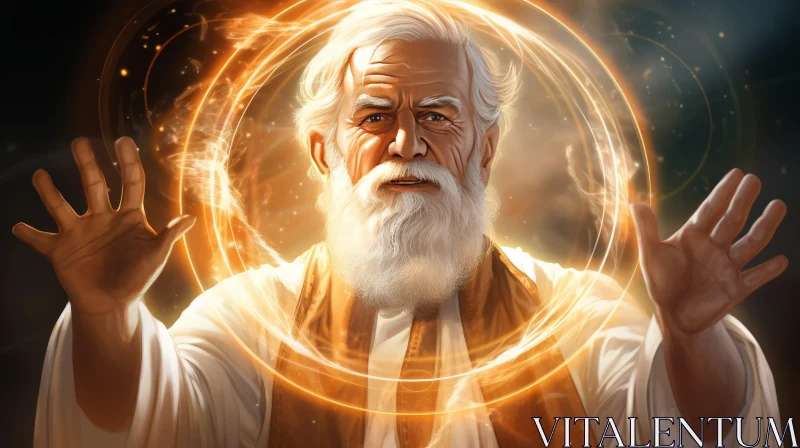 Serene Man with White Hair and Beard in Golden Robe AI Image