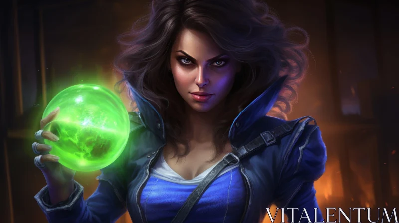 Serious Young Woman Portrait with Glowing Orb AI Image