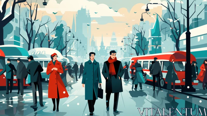 AI ART Snowy City Street Illustration - Urban Winter Scene