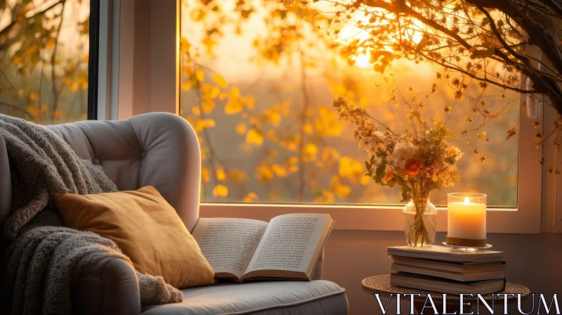 Tranquil Living Room with Fall Landscape View AI Image