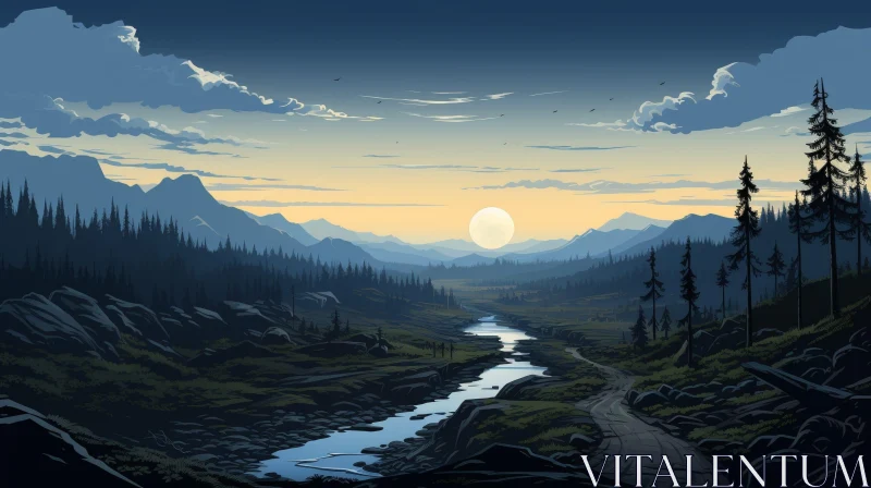 AI ART Tranquil Mountain Valley Sunset Landscape