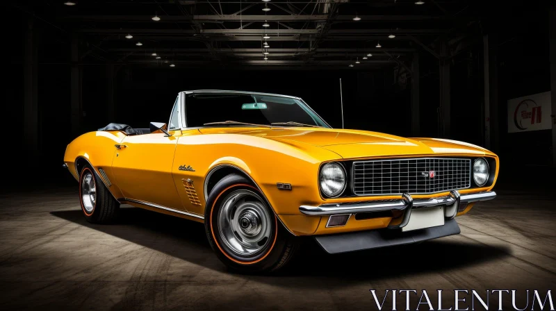 Vintage Yellow Chevrolet Camaro Convertible in Dimly Lit Garage AI Image