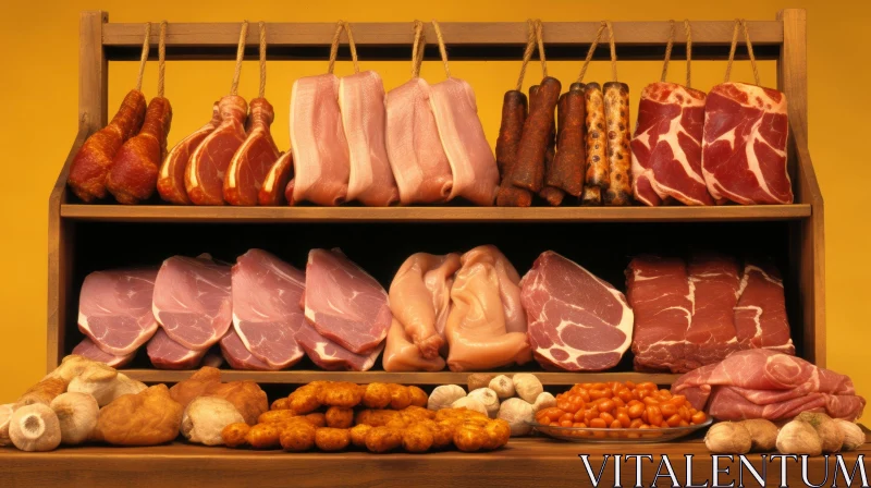 Wooden Shelf Displaying Sausages, Meats, Vegetables, and Spices AI Image