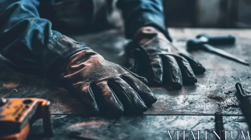 Work Gloves on Metal Table: A Symbol of Hard Work and Industry AI Image