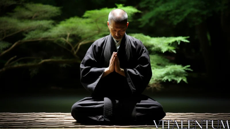 Zen Buddhist Monk Meditating in Temple Garden AI Image