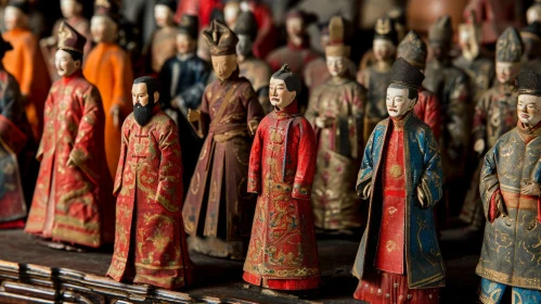 Antique Chinese Wooden Figurines on Shelf | Intricate Traditional Clothing