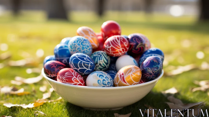 Artistic Easter Eggs Nested in a White Bowl on Grass AI Image