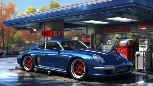 Blue Porsche 911 Carrera GT at Gas Station