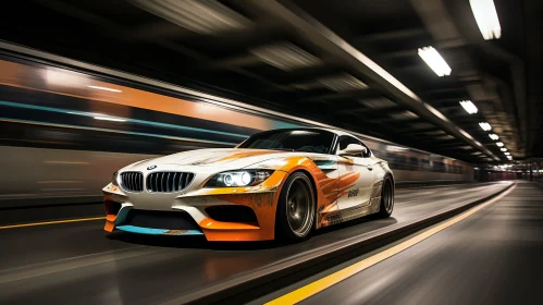 BMW Z4 GT3 Racing Car Speeding Through Tunnel