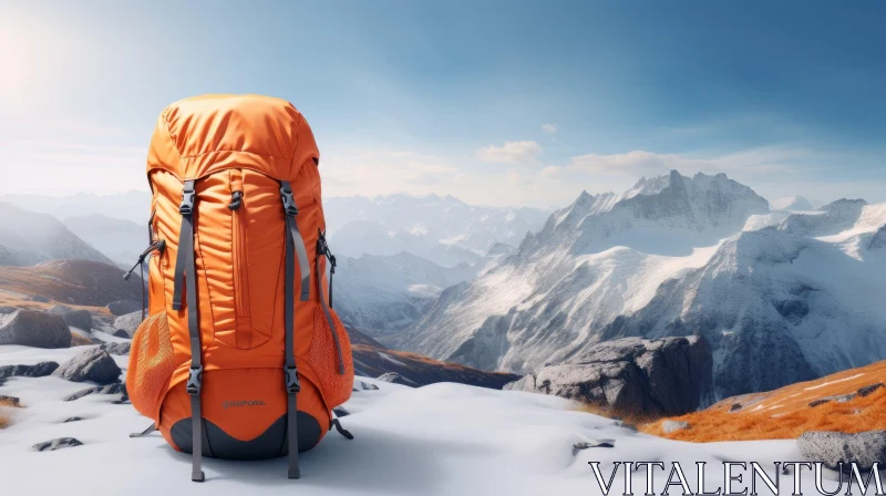 AI ART Bright Orange Backpack on Snowy Mountain