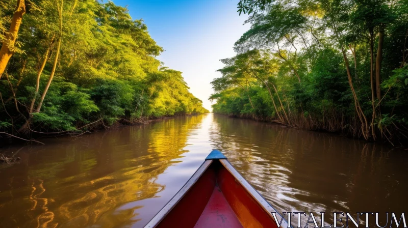 Canoe Journey Through Jungle: Serene River Scene AI Image