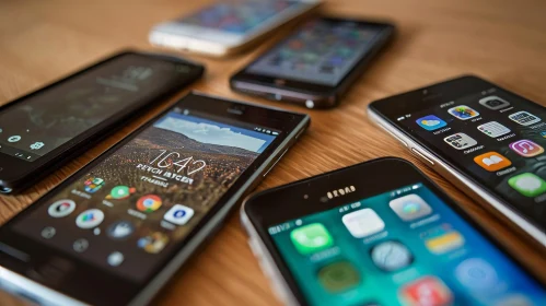 Captivating Composition of Six Smartphones on Wooden Table