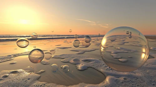 Captivating Sunset Seascape with Glass Spheres on Beach